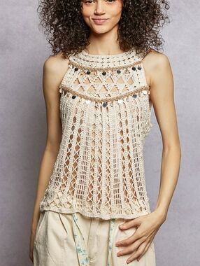 POL Halter Neck Sleeveless Crochet with Seashell Bead Cream Halter Tank Top